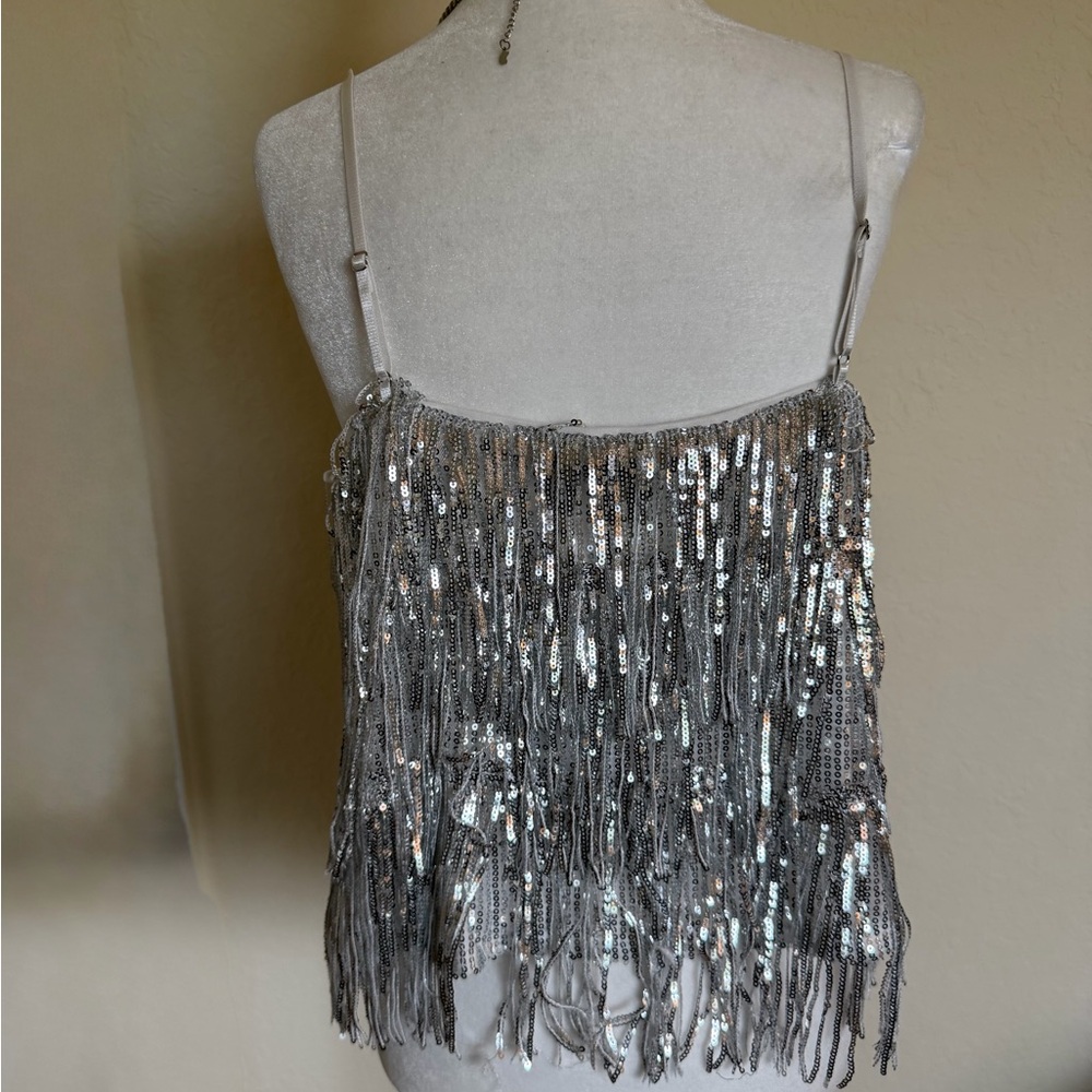 NWT Windsor blue b. Silver Sequin Fringe Top Size Large - Picture 2 of 4